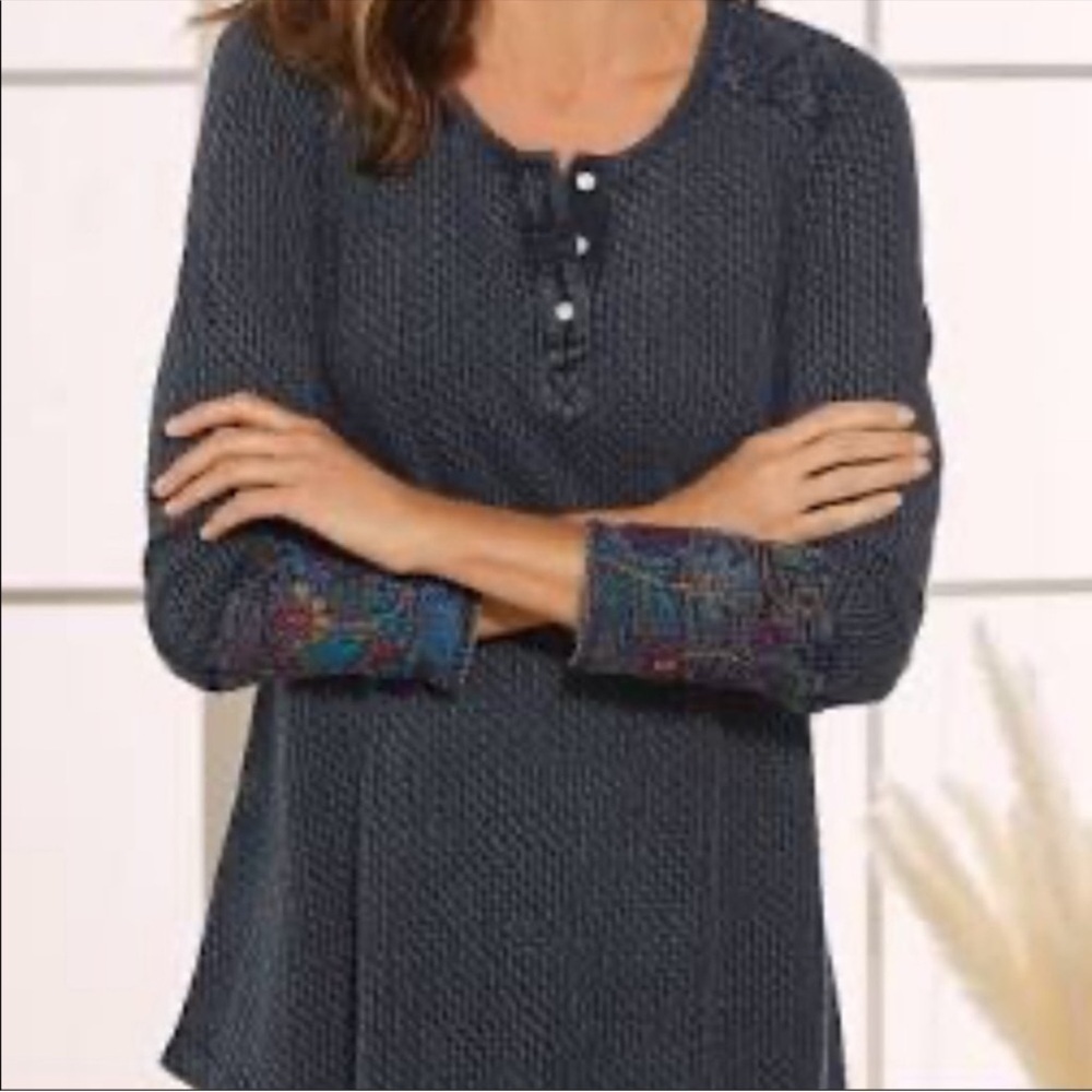 Soft Surroundings Palmer Embroidered Cuff Navy Blue Tunic - Picture 8 of 9